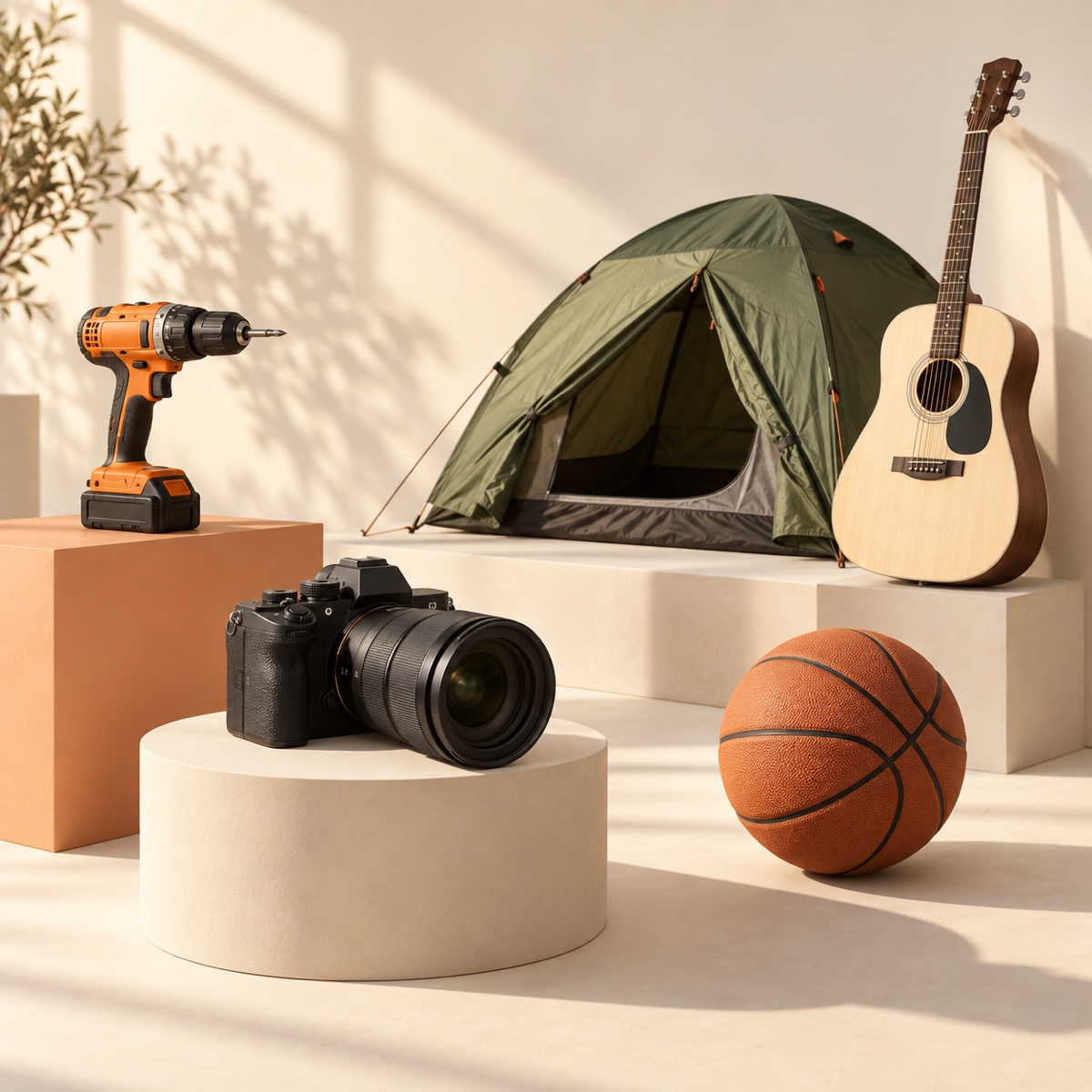 A camera, camping tent, guitar, drill, and basketball arranged in a sunlit studio